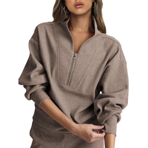 Женский пуловер вязаный вафельный повседневный свитер на молнии с длинным рукавом и воротником-стойкой