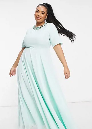 Платье макси с укороченным лифом и декоративной отделкой по вырезу горловины ASOS DESIGN Curve-Зеленый цвет
