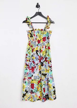 Платье миди с присборенным лифом и ярким цветочным принтом Influence-Разноцветный