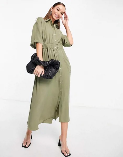Платье-рубашка миди на пуговицах с эластичным поясом цвета хаки ASOS DESIGN-Зеленый цвет