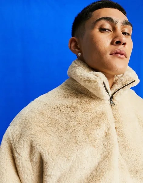 Кремовый oversized-свитшот из искусственного меха на короткой молнии от комплекта ASOS DESIGN-Светло-бежевый цвет
