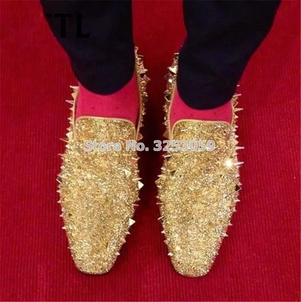 Золотистые Серебристые блестящие лоферы с кристаллами без шнуровки деловые заклепки костюмы туфли Brideroom шипованные туфли