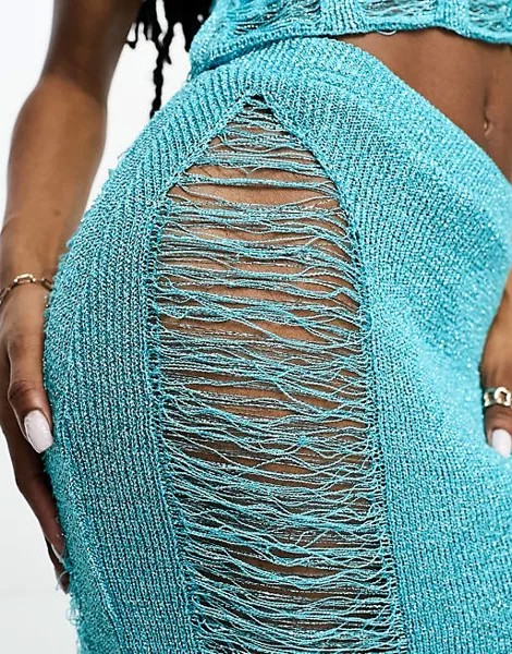 Вязаная юбка цвета морской волны с металлическим оттенком ASYOU
