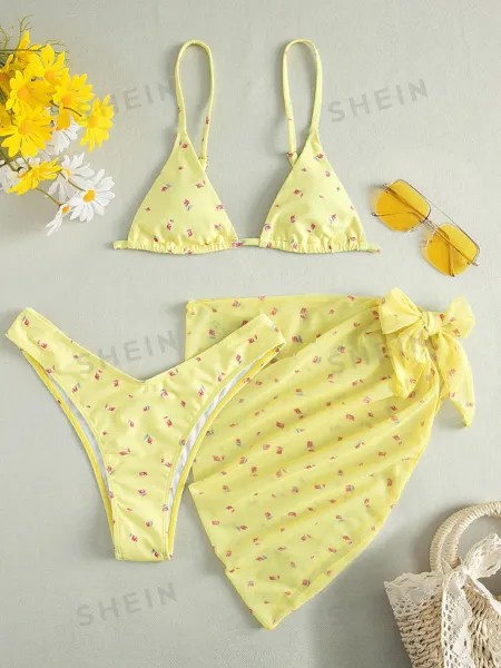 Купальник Swim Mod, небольшой бюстгальтер с цветочным принтом, треугольное бикини, брюки с высоким вырезом и пляжная юбка Shein, желтый