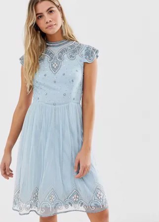 Голубое платье мини с высоким воротом и отделкой Frock And Frill-Синий