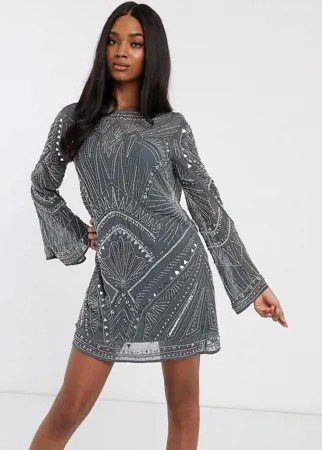 Платье А-силуэта мини с отделкой и драпированным вырезом на спине ASOS DESIGN-Серый