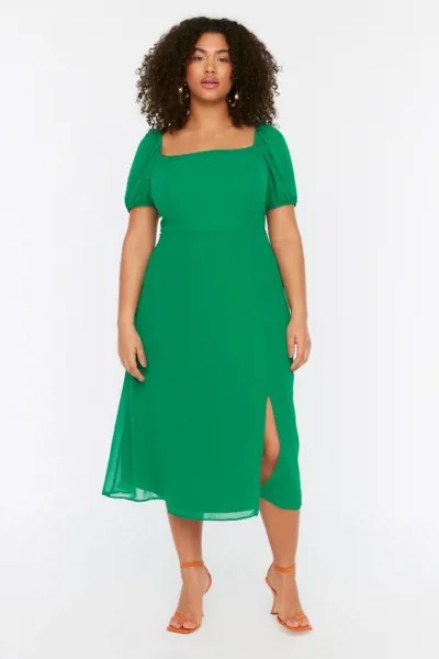 Изумрудно-зеленое тканое платье с разрезом TBBSS22AH0012