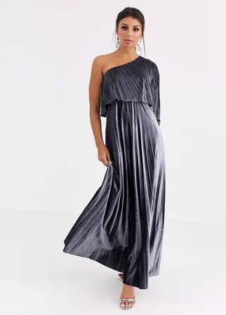 Бархатное платье макси с укороченным топом на одно плечо и плиссировкой ASOS DESIGN-Серебряный