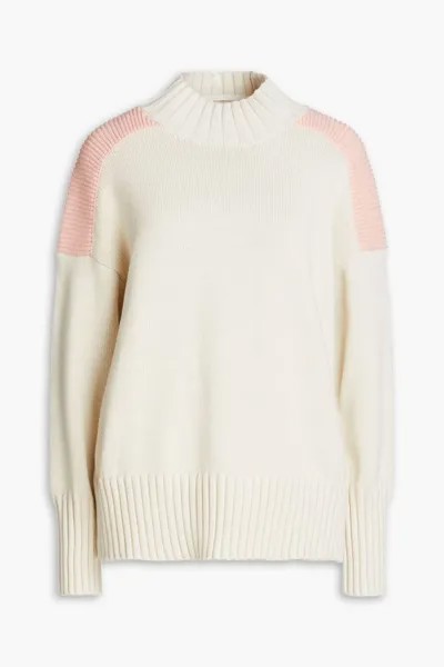 Двухцветный хлопковый свитер в рубчик с высоким воротником Chinti & Parker, крем
