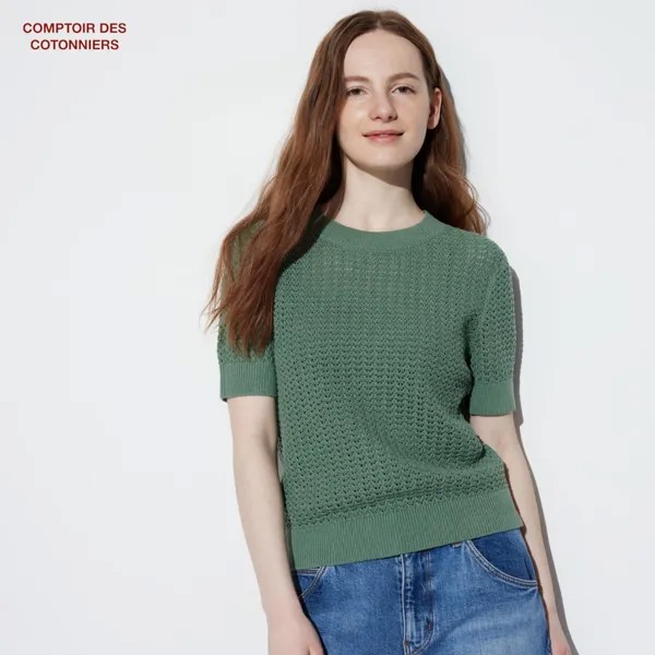 Свитер Uniqlo женский льняной с коротким рукавом, зеленый