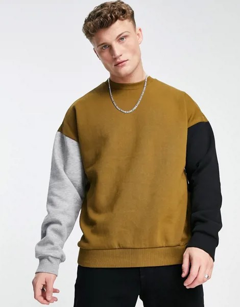 Светло-коричневый oversized-свитшот в стиле колор блок Only & Sons-Коричневый цвет
