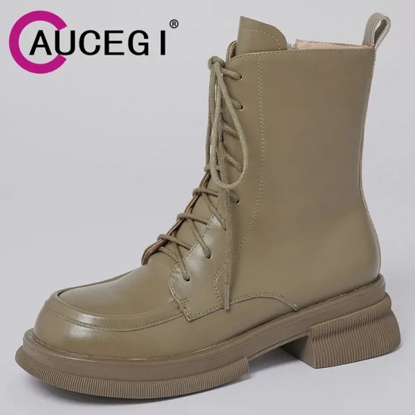 Aucegi 2023 новые женские осенние ботильоны из натуральной кожи на шнуровке на молнии с круглым носком на массивном каблуке Ретро броги ботинки армейский зеленый