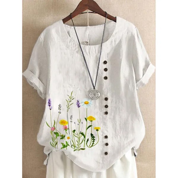 Круглый вырез Повседневная свободная блузка с коротким рукавом с цветочным принтом