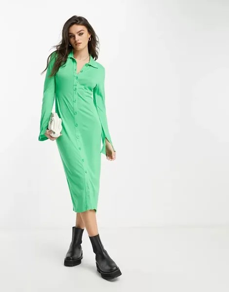 Зеленое трикотажное платье миди French Connection с планкой на пуговицах