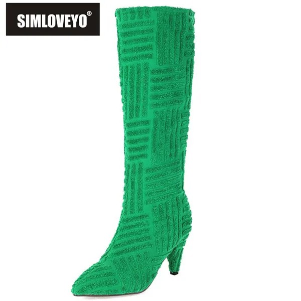 SIMLOVEYO 2022 женская обувь, сапоги до колена, заостренный носок, 8,5 см, высокий каблук, флоковые слипоны, большой размер 34-43, однотонные, зеленые, оранжевые S3853