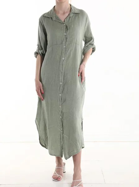 Длинное льняное платье-рубашка с пуговицами, рукав 3/4, цвет Grey asparagus