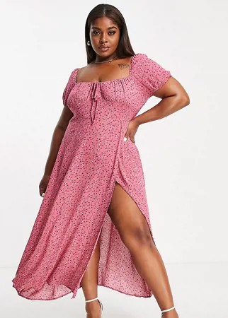 Розовое платье миди с вырезом сердечком, разрезом до бедра и цветочным принтом In The Style x Billie Faiers-Разноцветный