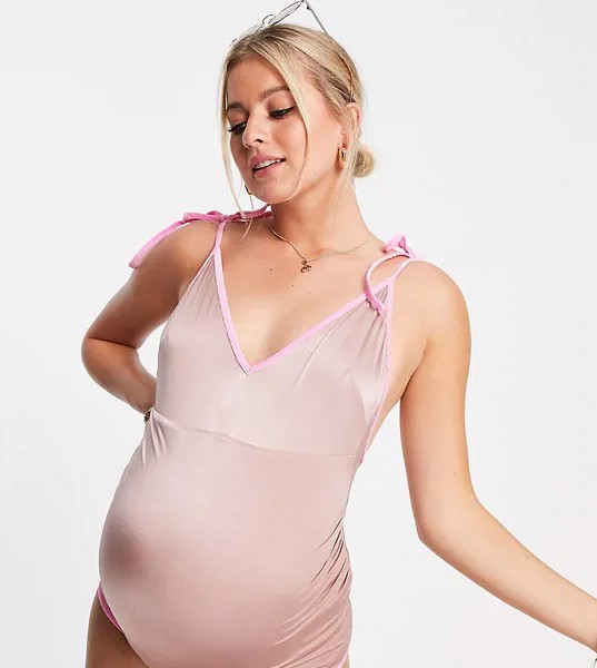 Серо-коричневый слитный купальник с завязками на плечах и контрастной розовой окантовкой из бархата ASOS DESIGN Maternity-Розовый цвет