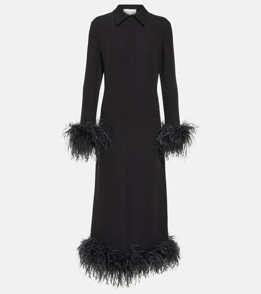 Шелковое платье миди с отделкой перьями Valentino, черный