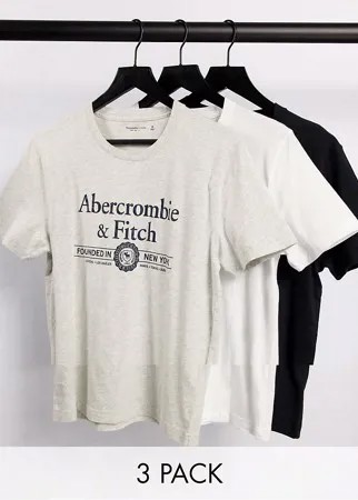 Набор из 3 футболок белого, серого меланжевого и черного цветов с большим логотипом на груди Abercrombie & Fitch-Многоцветный