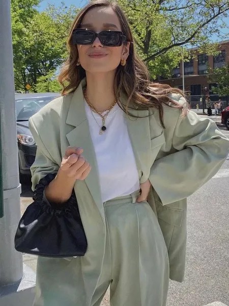 Milanoo Blazer For Women Pale Green Turndown Collar Piping Long Sleeves Polyester Oversized Overcoat