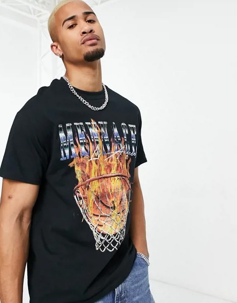 Черная oversized-футболка с баскетбольным принтом Mennace-Черный цвет