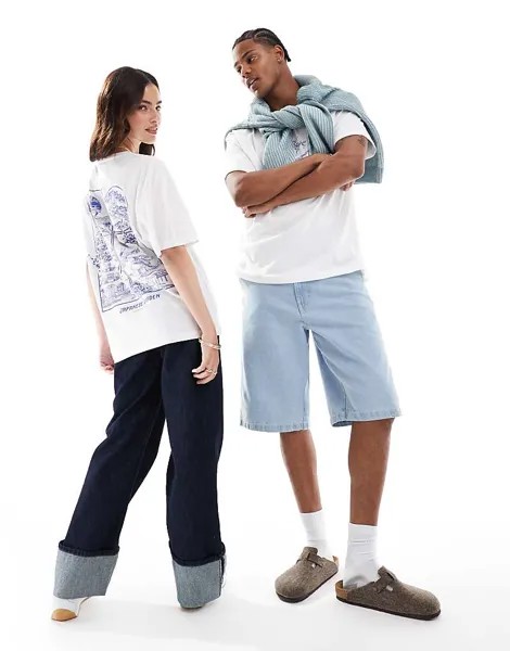Jack & Jones – белая футболка оверсайз с изображением японского сада