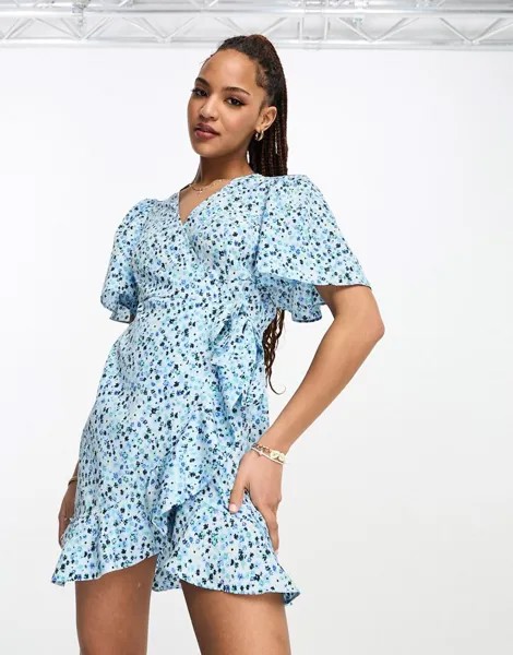 Голубое платье мини с запахом спереди Vero Moda