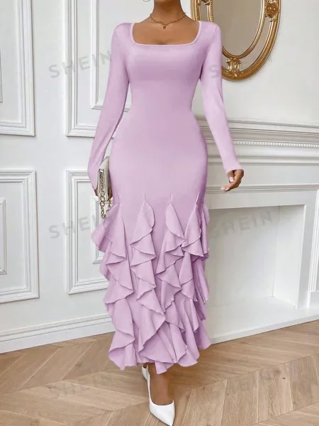 SHEIN Privé женское однотонное облегающее платье с оборками и рыбьим хвостом, сиреневый фиолетовый