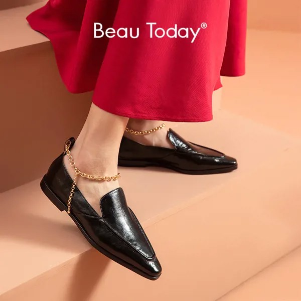 Лоферы BeauToday женские кожаные с острым носком, на плоской подошве, декоративная металлическая цепь лодыжки, слипоны, ручная работа, 27442
