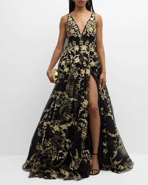 Бальное платье без рукавов с цветочной вышивкой Jovani, цвет Goldblack