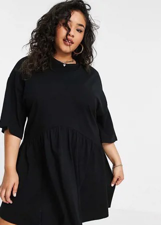 Черное платье мини в стиле oversized с присборенной юбкой и заниженной талией ASOS DESIGN Curve-Черный цвет