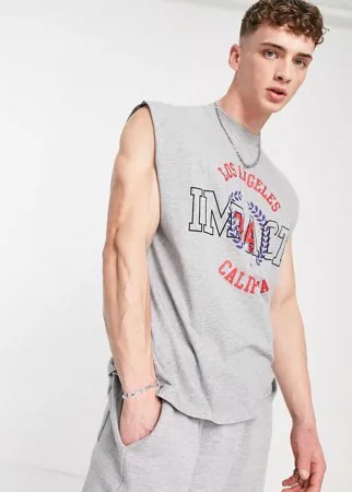 Серая меланжевая майка из органического хлопка в стиле oversized с принтом университета ASOS DESIGN-Серый