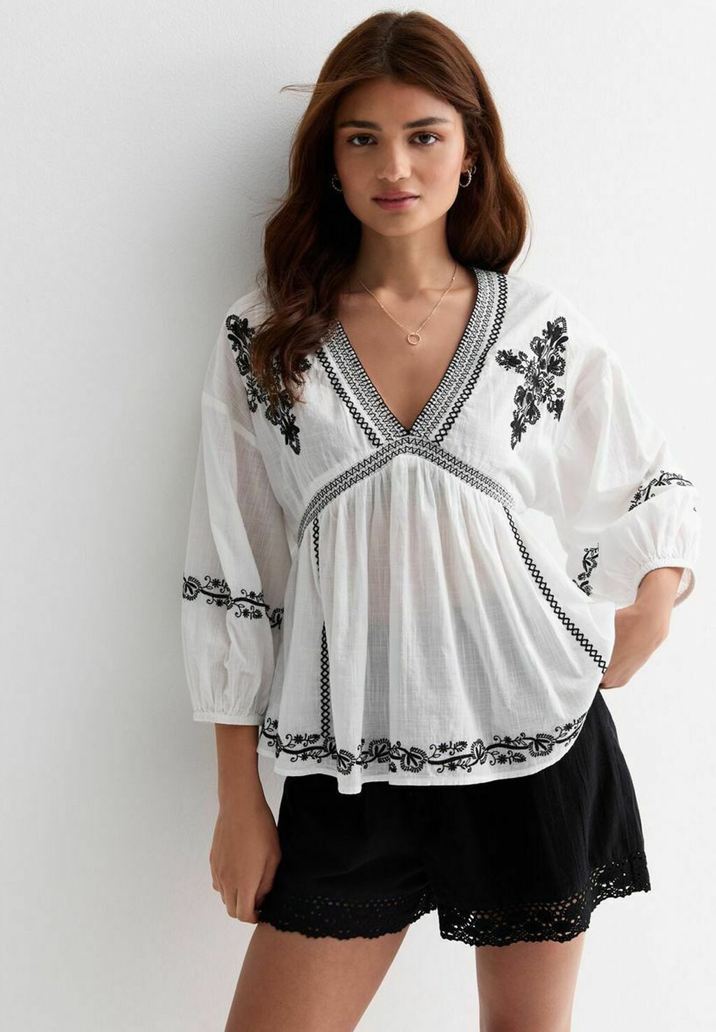 Туника Embroidered Floral Puff Sleeve New Look, белый