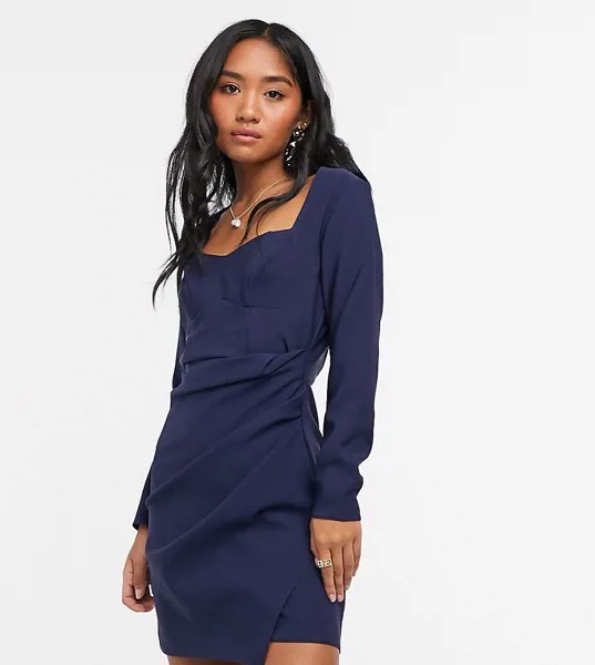 Темно-синее платье мини с запахом и сборками ASOS DESIGN Petite-Темно-синий