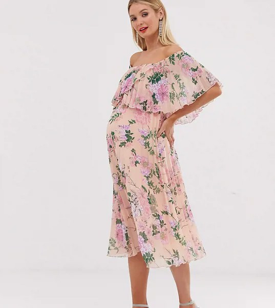 Платье-бандо миди с двухслойной отделкой и плиссировкой ASOS DESIGN Maternity-Мульти