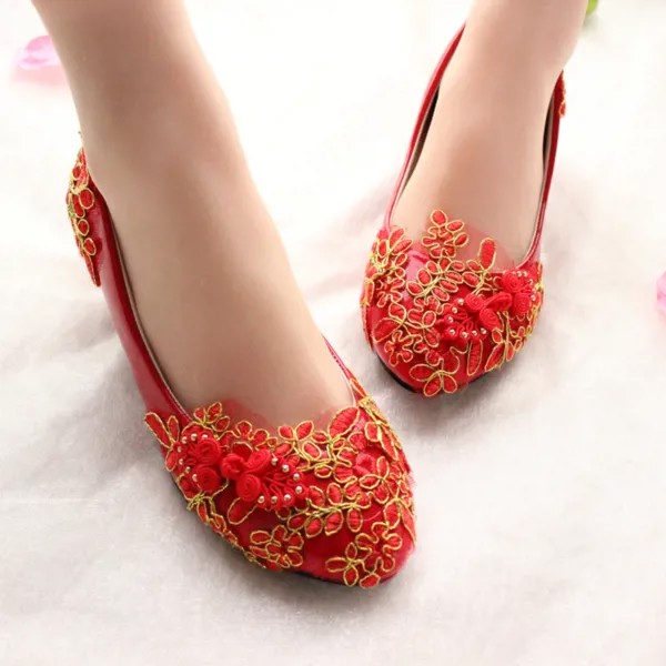 Туфли-лодочки NQ276 женские ручной работы, Роскошные туфли на низком каблуке, со шнуровкой, свадебвечерние обувь, красные, золотистые