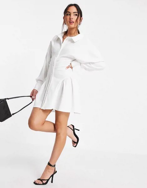 Платье-рубашка мини со сборками цвета слоновой кости ASOS DESIGN-Белый