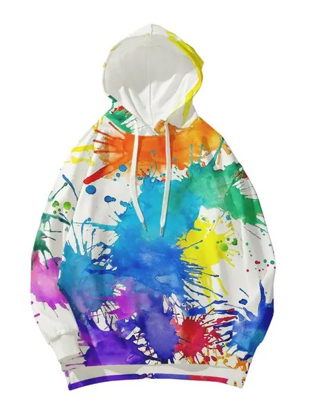 Milanoo Women Hoodie White Long Sleeves Tie Dye Pattern Drawstring Hooded Sweatshirt