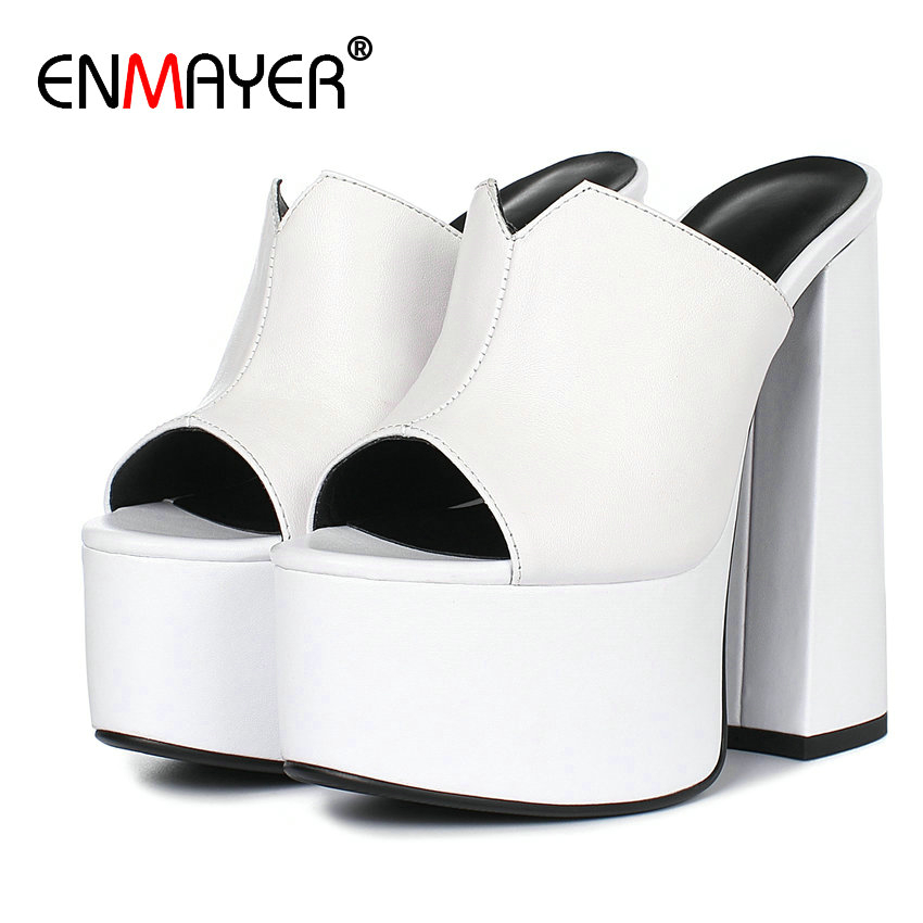 Сланцы ENMAYER женские из натуральной кожи, однотонные шлепанцы на платформе, очень высокий квадратный каблук, летняя обувь, 34-41, 2020