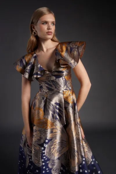 Жаккардовое платье Julie Kuyath с оборками и глубоким вырезом на плечах Coast, темно-синий