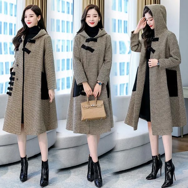 Женское шерстяное пальто, ветровка до колена, Корейская версия осенне-зимней коллекции, модная яркая Свободная блузка из твида