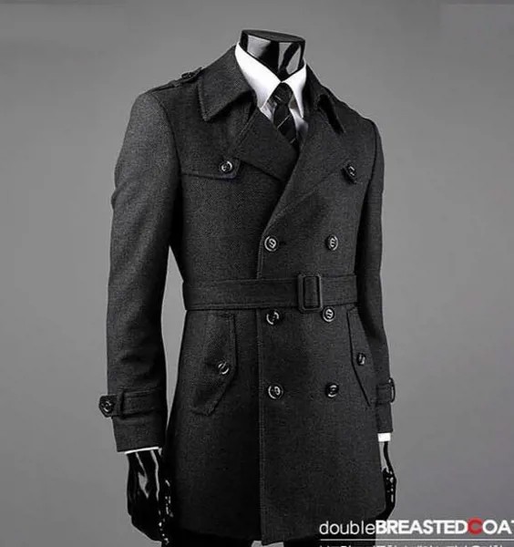Мужское двубортное шерстяное пальто, серое пальто-Тренч с поясом на зиму, Размеры S-9XL, 2020