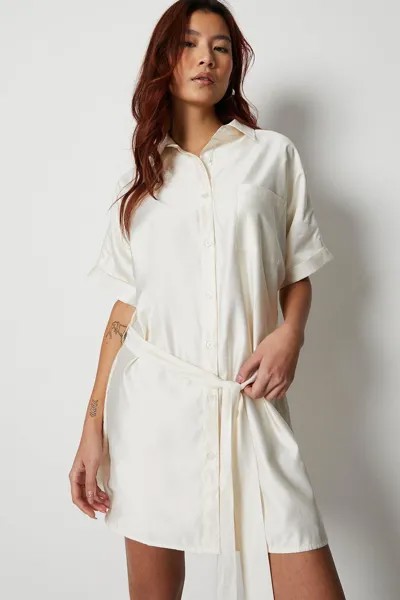 Мини-платье-рубашка из твила с поясом Warehouse, белый
