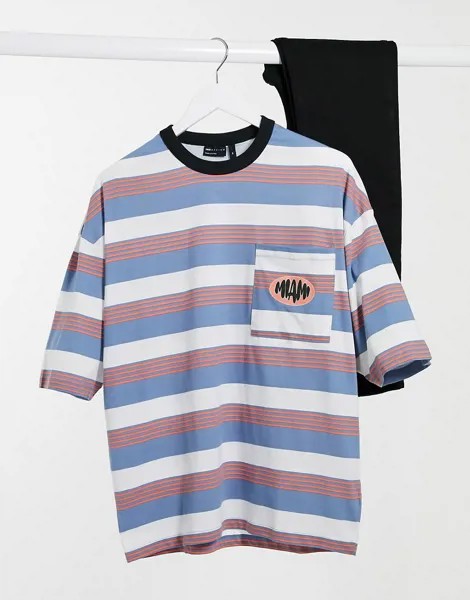 Oversized-футболка в горизонтальную полоску с принтом на нагрудном кармане ASOS DESIGN-Мульти