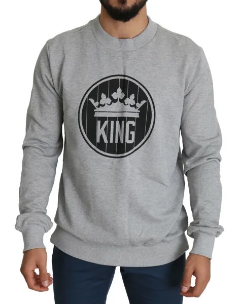 DOLCE - GABBANA Свитер Серый хлопковый пуловер с принтом Crown King IT52/US42/XL