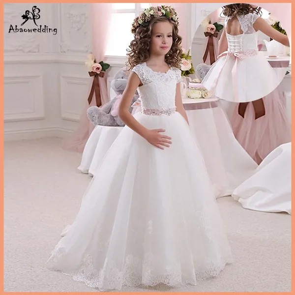 Реальная фотография платья для свадебных церемоний с кружевом айвори и белого цвета бальные платья длиной до пола для девочек платье для первого причастия платье принцессы на возраст от 2 до 14 лет модель 2017 года