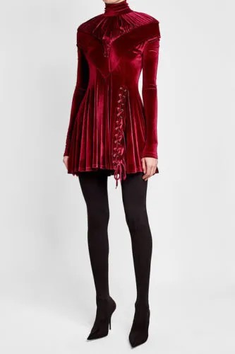 Y PROJECT Бордо-красное бархатное мини-платье со сборками и воротником-стойкой 4 США 36 РИАННА