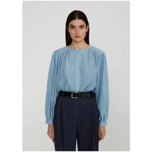 Блуза  NICEONE, повседневный стиль, свободный силуэт, длинный рукав, однотонная, размер L, голубой