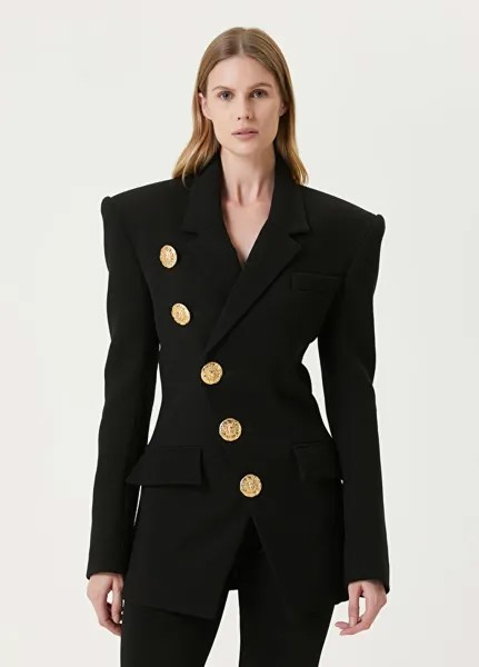 Черный двубортный шерстяной пиджак с воротником-бабочкой Balmain